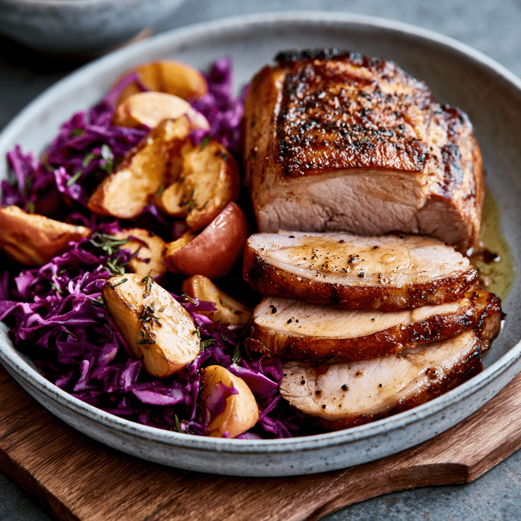Oven-Roasted Pork Loin with Apple and Red Cabbage